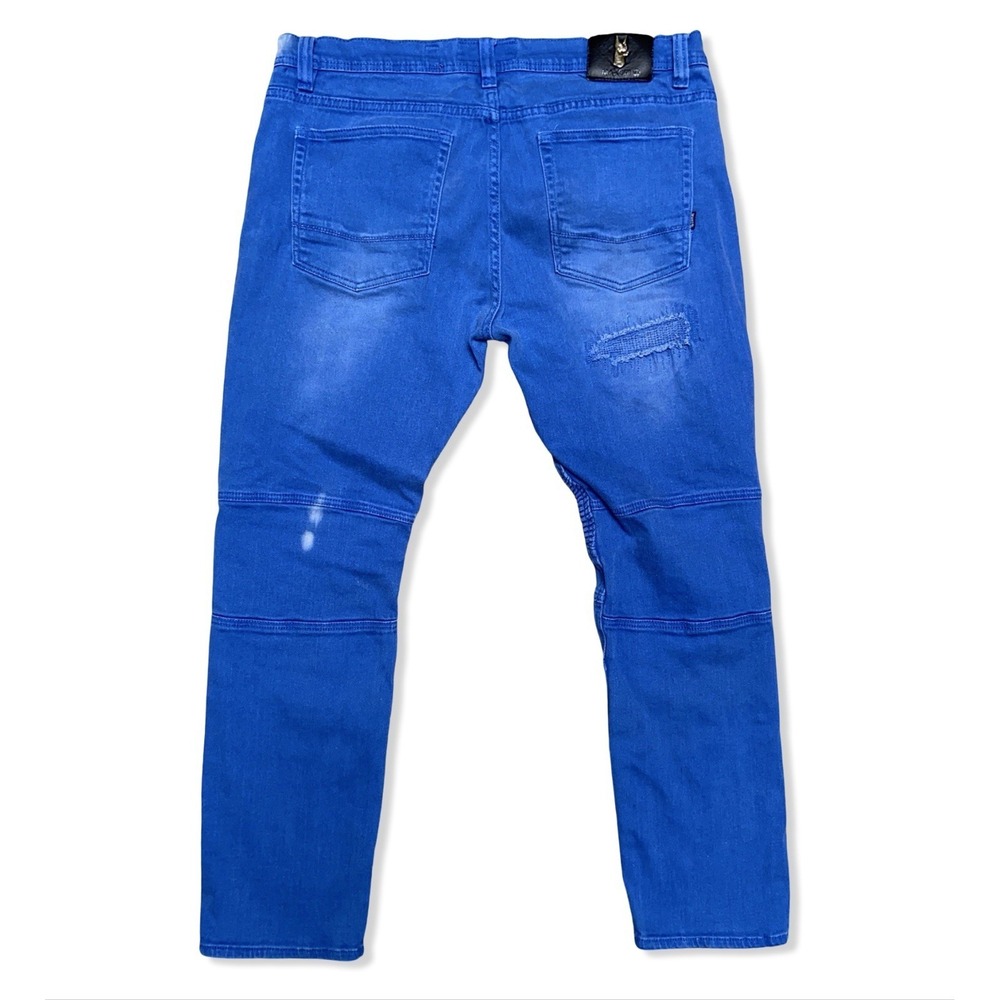 Makobi Biker Moto Jeans Blue Distressed Zip Pocket Skinny Denim 36x32 - Picture 2 of 11